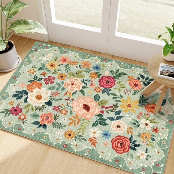 New 2x3 Green Floral Rug, Washable Non-Slip Boho Entryway Carpet for Indoor Use